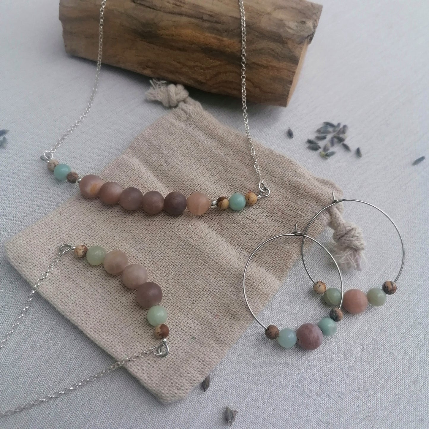 Peach Moonstone x Amazonite & Picture Jasper Hoop Earrings