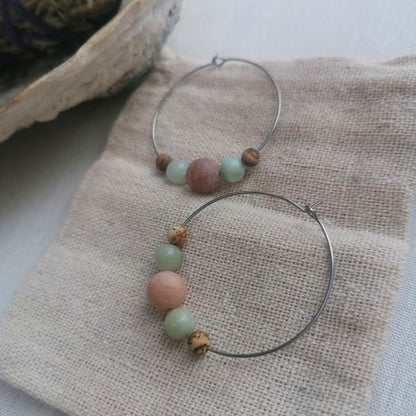 Peach Moonstone x Amazonite & Picture Jasper Hoop Earrings