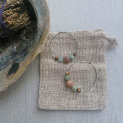 Peach Moonstone x Amazonite & Picture Jasper Hoop Earrings